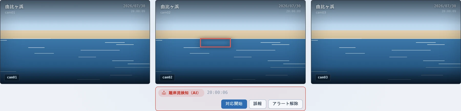 管理画面のカメラ映像の並び。アラートが出ているカメラの下に離岸流の通知と対応開始・誤報・アラート解除のボタンが表示されている
