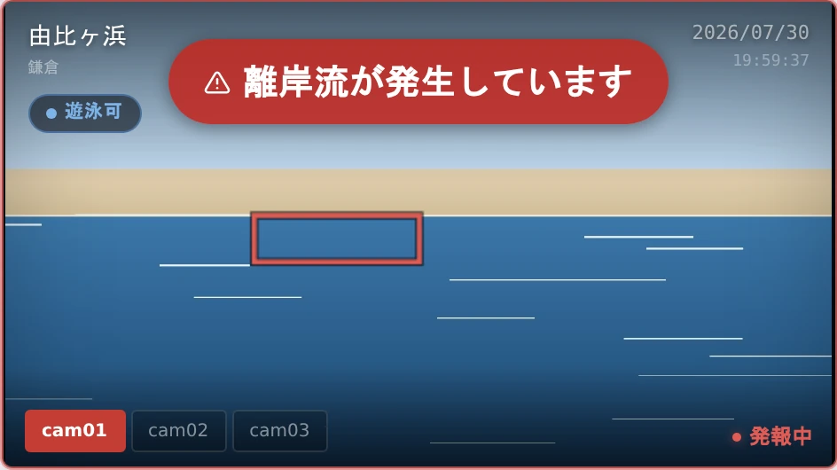 離岸流を検知している映像カード。赤い実線の四角と「離岸流が発生しています」の帯、赤くなったカメラ切替タブ